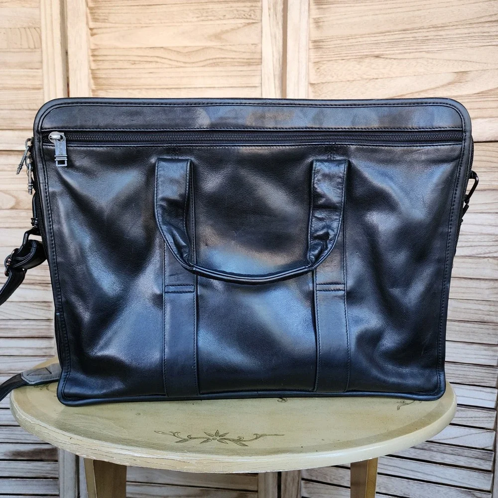 Tumi Black Leather Messenger Travel Commute Bag Large Utility Carry On Retro